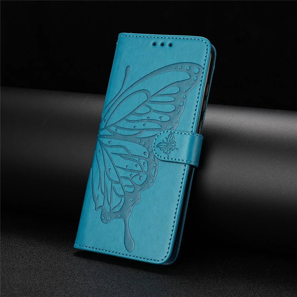 For Samsung Galaxy M16 5G / F16 5G Case Butterfly Imprinted Wallet Stand PU Leather Flip Phone Cover with Strap - Blue - 6