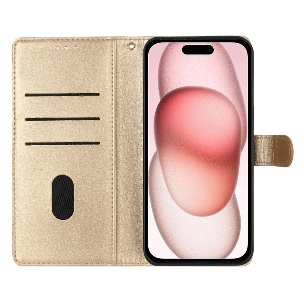 For iPhone 17 Wallet Phone Case Butterfly Floral Imprint Leather Flip Cover with Strap - Gold - 2