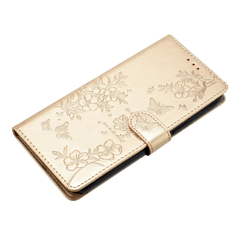 For iPhone 17 Wallet Phone Case Butterfly Floral Imprint Leather Flip Cover with Strap - Gold - 4
