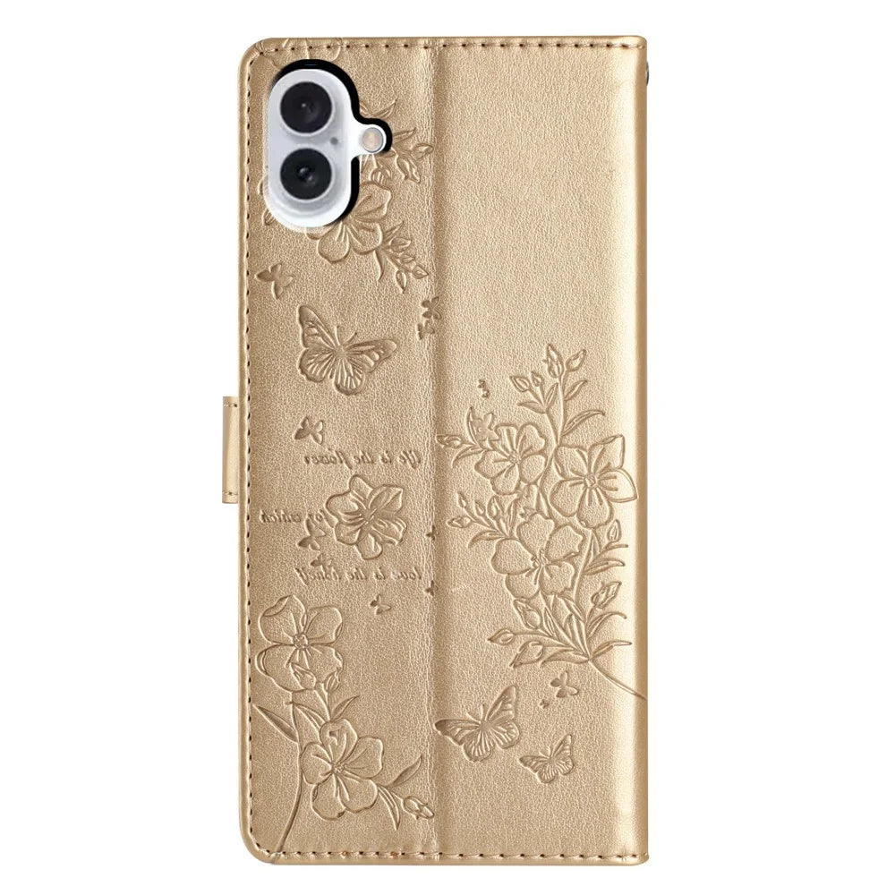 For iPhone 17 Wallet Phone Case Butterfly Floral Imprint Leather Flip Cover with Strap - Gold - 7
