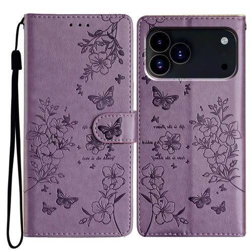 For iPhone 18 Pro / 17 Pro Wallet Phone Case Butterfly Floral Imprint Leather Flip Cover with Strap - Purple - 1
