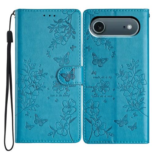 For iPhone Air Wallet Phone Case Butterfly Floral Imprint Leather Flip Cover with Strap - Blue - 1