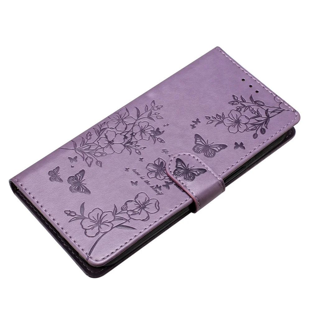 For iPhone 18 Pro Max / 17 Pro Max Wallet Phone Case Butterfly Floral Imprint Leather Flip Cover with Strap - Purple - 4
