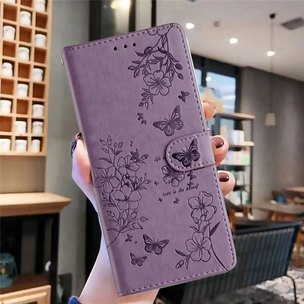 For iPhone 18 Pro Max / 17 Pro Max Wallet Phone Case Butterfly Floral Imprint Leather Flip Cover with Strap - Purple - 5