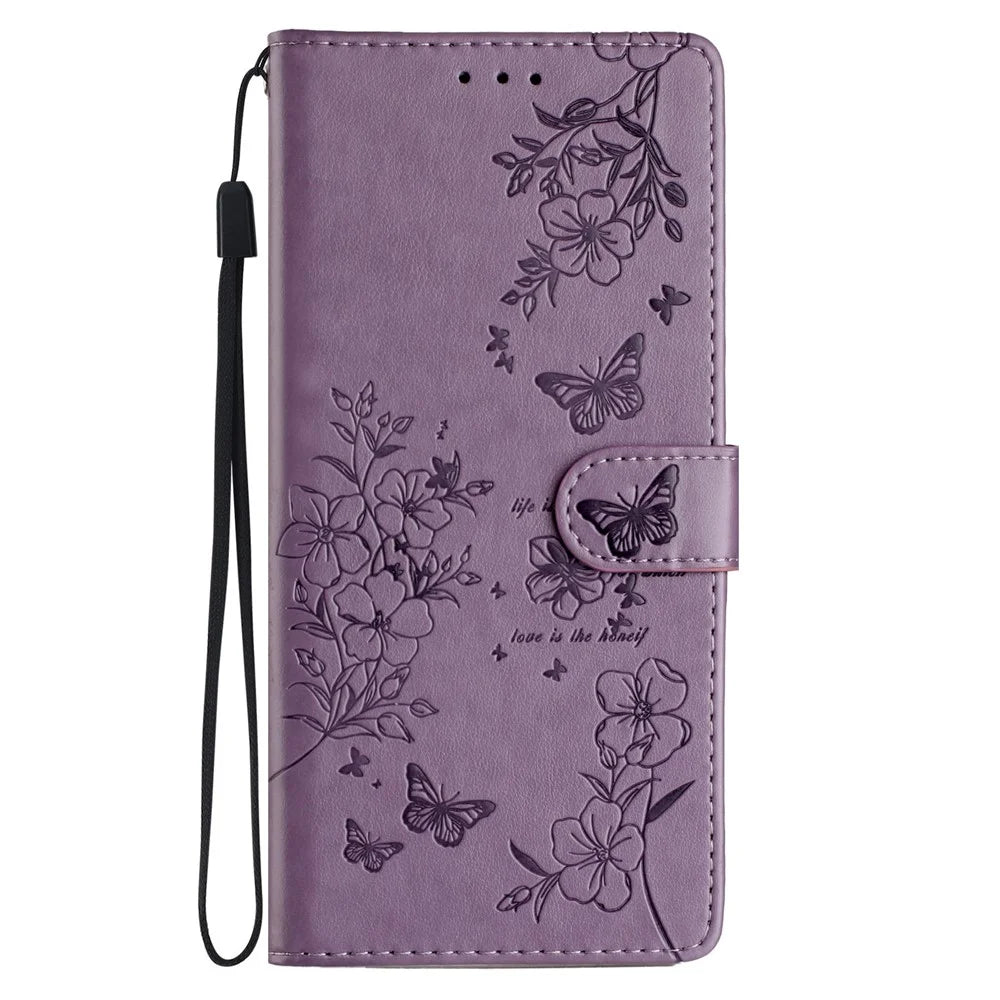 For iPhone 18 Pro Max / 17 Pro Max Wallet Phone Case Butterfly Floral Imprint Leather Flip Cover with Strap - Purple - 6
