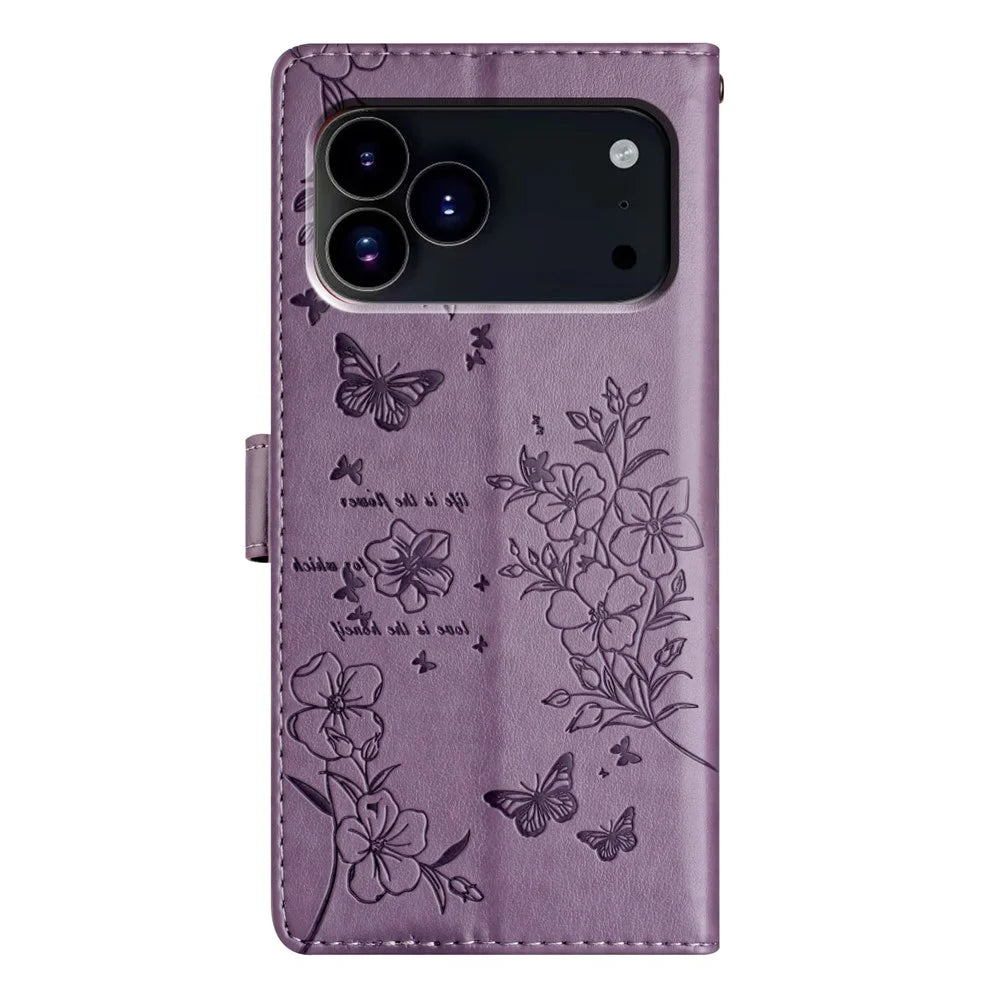 For iPhone 18 Pro Max / 17 Pro Max Wallet Phone Case Butterfly Floral Imprint Leather Flip Cover with Strap - Purple - 7