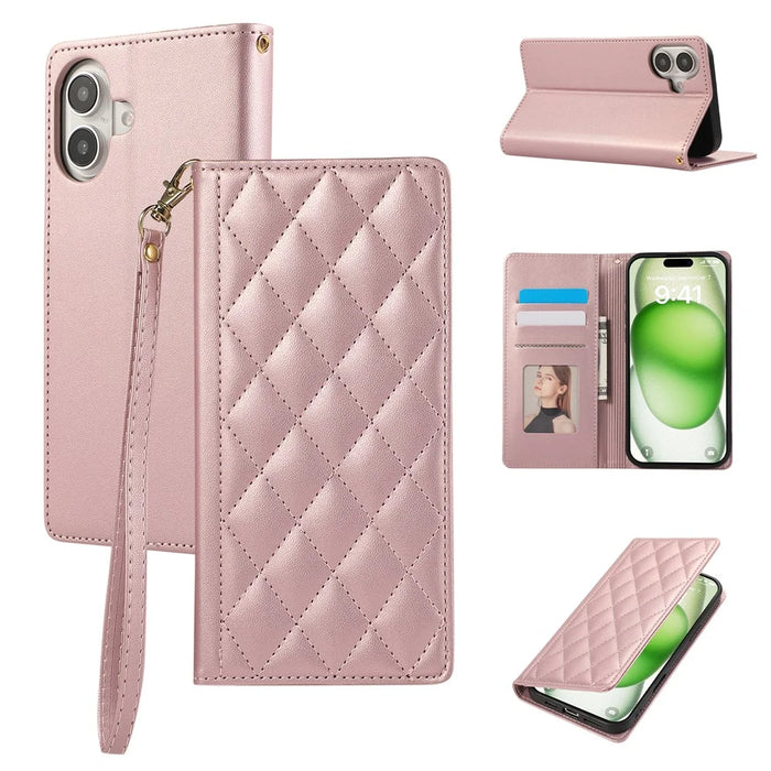 For iPhone 16 Case RFID Blocking Wallet Stand Rhombus Leather Phone Cover with Wrist Strap - Rose Gold - 1