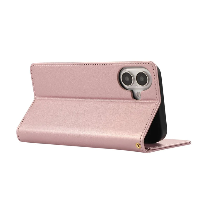 For iPhone 16 Case RFID Blocking Wallet Stand Rhombus Leather Phone Cover with Wrist Strap - Rose Gold - 4