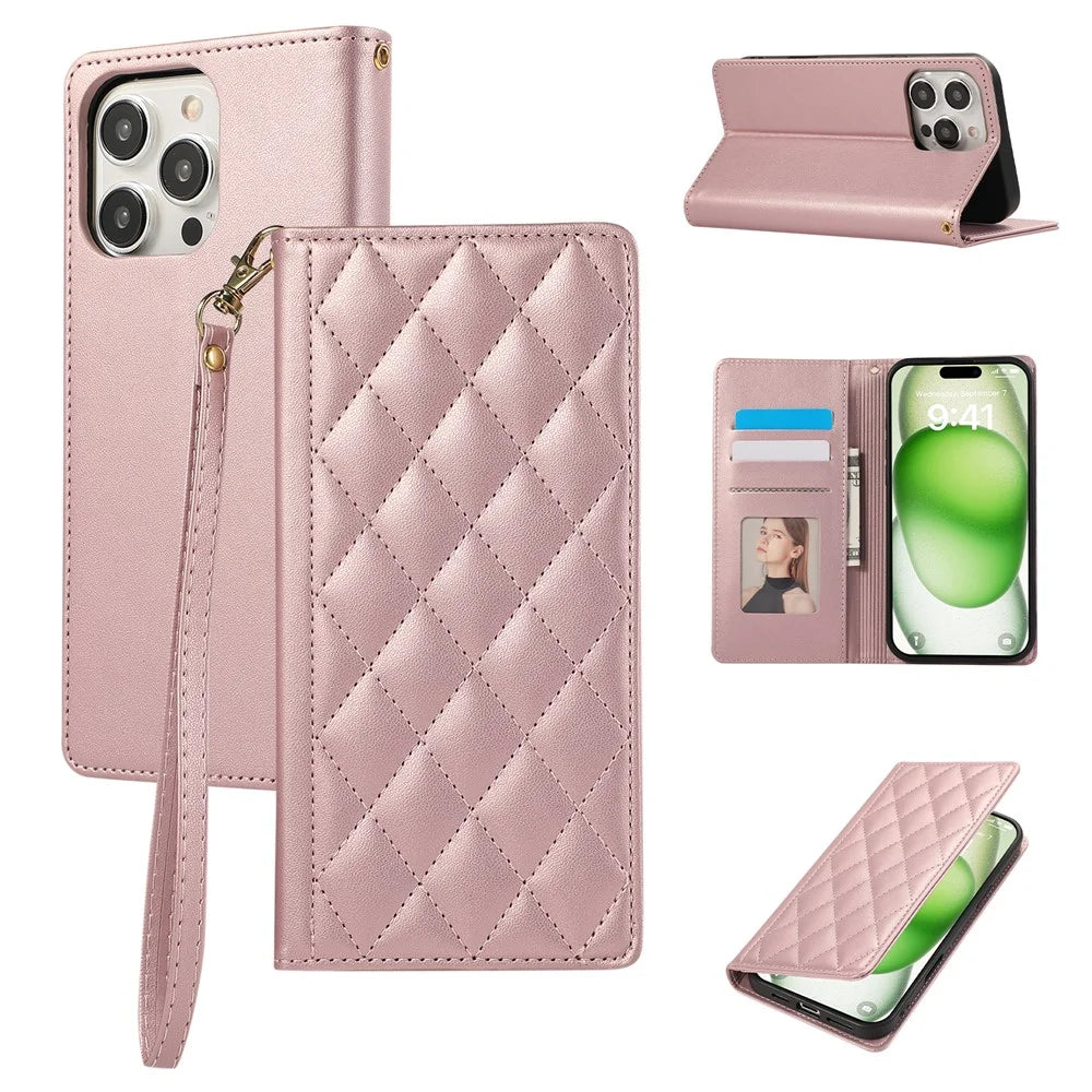 For iPhone 15 Pro Max Case RFID Blocking Wallet Stand Rhombus Leather Phone Cover with Wrist Strap - Rose Gold - 1