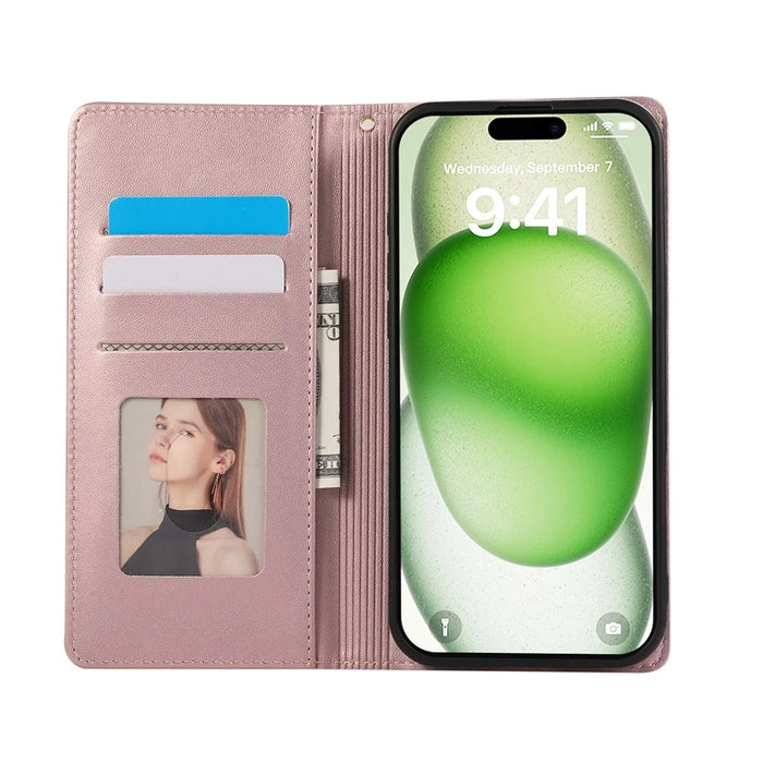 For iPhone 15 Pro Max Case RFID Blocking Wallet Stand Rhombus Leather Phone Cover with Wrist Strap - Rose Gold - 2