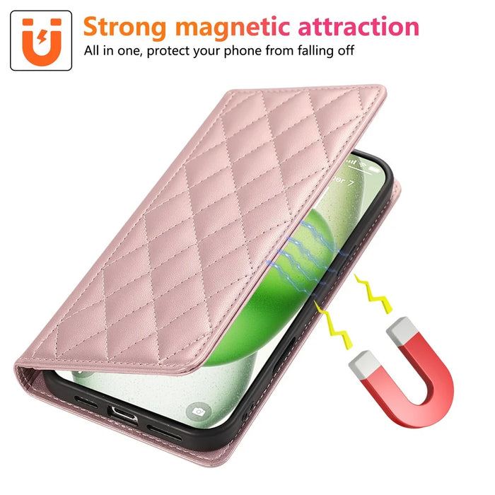 For iPhone 15 Pro Case RFID Blocking Wallet Stand Rhombus Leather Phone Cover with Wrist Strap - Rose Gold - 5