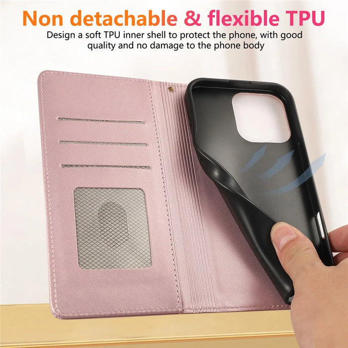 For iPhone 15 Pro Case RFID Blocking Wallet Stand Rhombus Leather Phone Cover with Wrist Strap - Rose Gold - 6