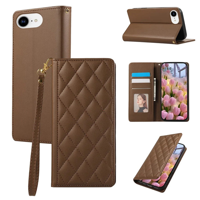 For iPhone 17e / 16e Case RFID Blocking Wallet Stand Rhombus Leather Phone Cover with Wrist Strap - Brown - 1