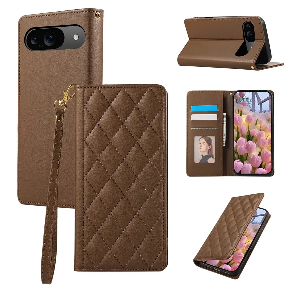 For Google Pixel 9 / 9 Pro Case RFID Blocking Wallet Stand Rhombus Leather Phone Cover with Wrist Strap - Brown - 1