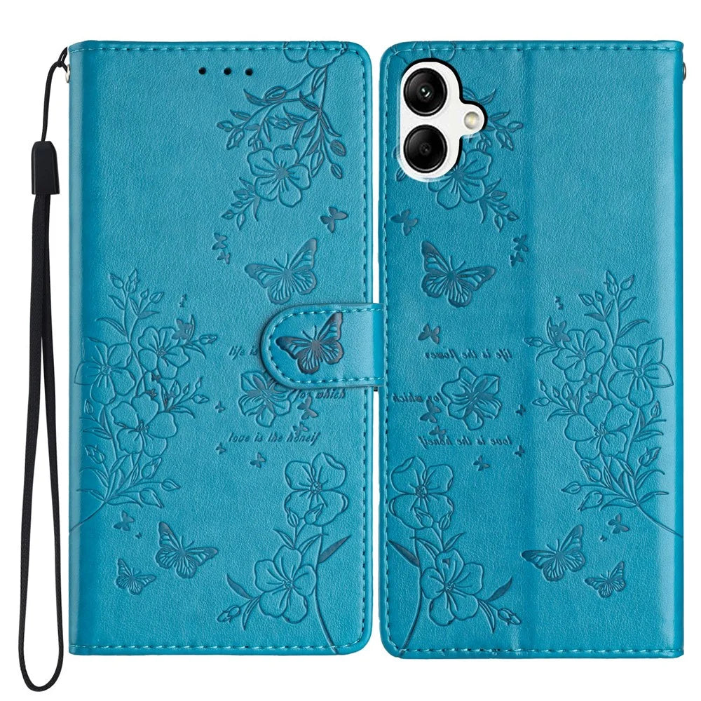 For Samsung Galaxy A08 5G / A08 4G / A07 4G Wallet Phone Case Butterfly Floral Imprint Leather Flip Cover with Strap - Blue - 1
