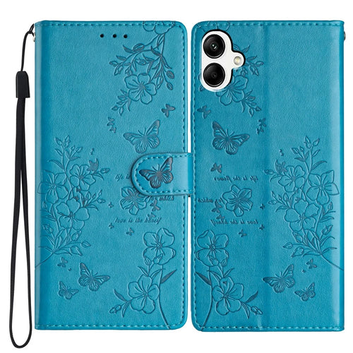 For Samsung Galaxy A08 5G / A08 4G / A07 4G Wallet Phone Case Butterfly Floral Imprint Leather Flip Cover with Strap - Blue - 1