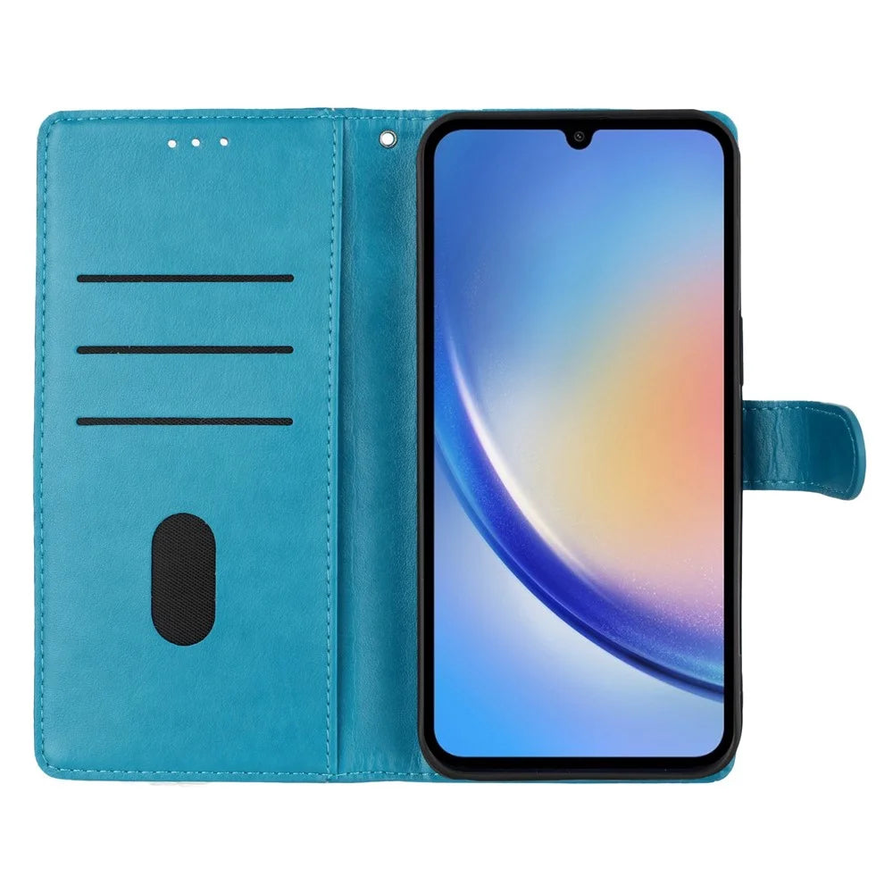 For Samsung Galaxy A08 5G / A08 4G / A07 4G Wallet Phone Case Butterfly Floral Imprint Leather Flip Cover with Strap - Blue - 2