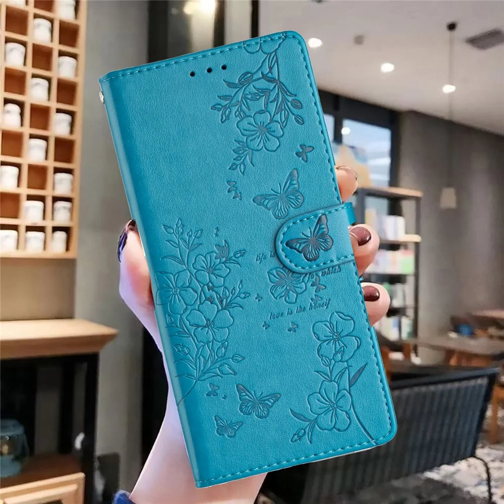 For Samsung Galaxy A08 5G / A08 4G / A07 4G Wallet Phone Case Butterfly Floral Imprint Leather Flip Cover with Strap - Blue - 5