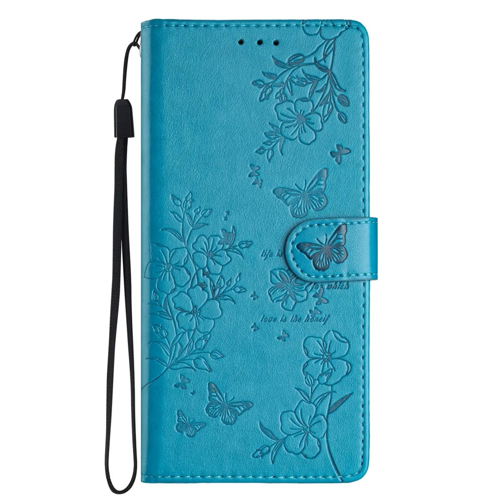 For Samsung Galaxy A08 5G / A08 4G / A07 4G Wallet Phone Case Butterfly Floral Imprint Leather Flip Cover with Strap - Blue - 6