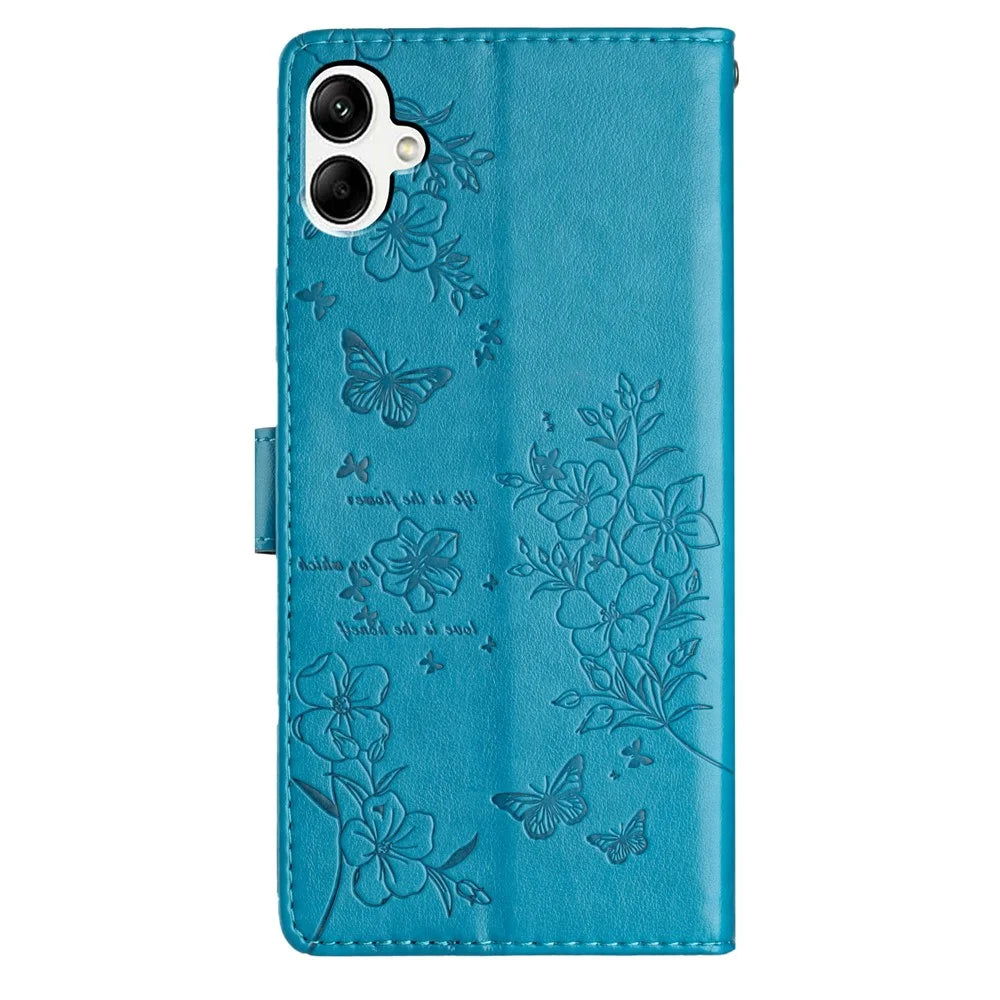 For Samsung Galaxy A08 5G / A08 4G / A07 4G Wallet Phone Case Butterfly Floral Imprint Leather Flip Cover with Strap - Blue - 7