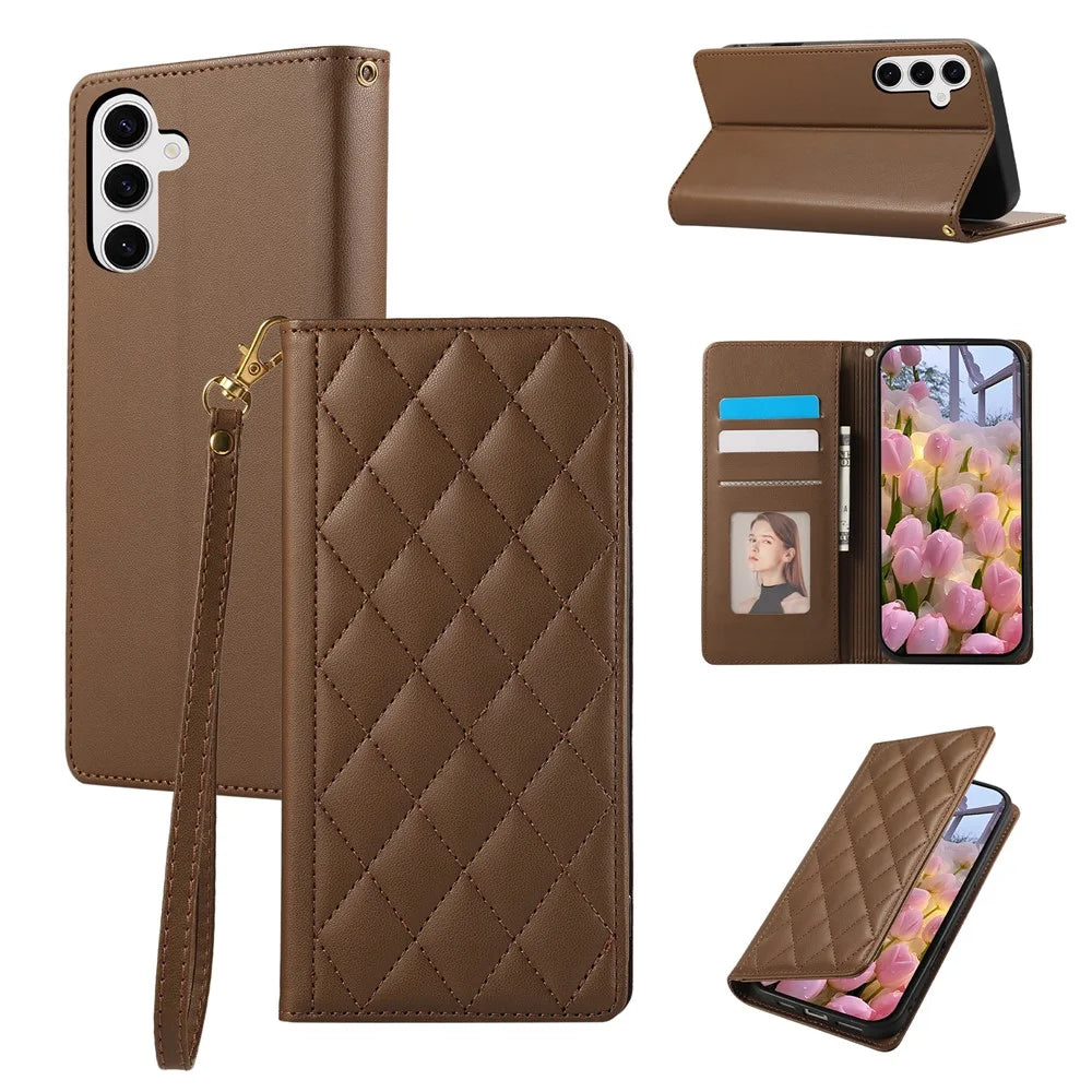 For Samsung Galaxy A36 5G Case RFID Blocking Wallet Stand Rhombus Leather Phone Cover with Wrist Strap - Brown - 1