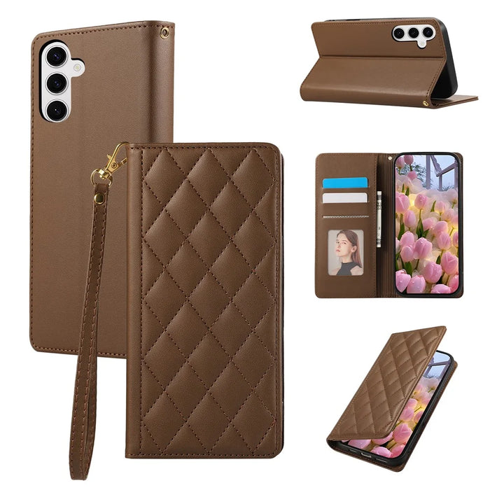 For Samsung Galaxy A56 5G Case RFID Blocking Wallet Stand Rhombus Leather Phone Cover with Wrist Strap - Brown - 1