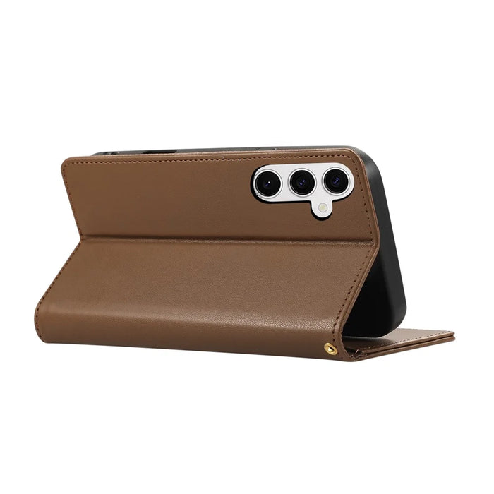 For Samsung Galaxy A56 5G Case RFID Blocking Wallet Stand Rhombus Leather Phone Cover with Wrist Strap - Brown - 4