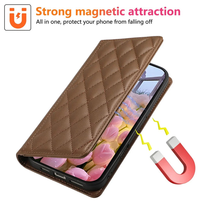For Samsung Galaxy A56 5G Case RFID Blocking Wallet Stand Rhombus Leather Phone Cover with Wrist Strap - Brown - 5