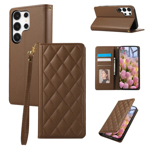 For Samsung Galaxy S24 Ultra Case RFID Blocking Wallet Stand Rhombus Leather Phone Cover with Wrist Strap - Brown - 1