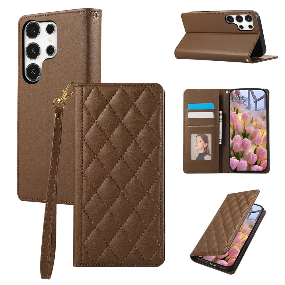 For Samsung Galaxy S25 Ultra Case RFID Blocking Wallet Stand Rhombus Leather Phone Cover with Wrist Strap - Brown - 1