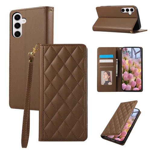 For Samsung Galaxy A05s 4G Case RFID Blocking Wallet Stand Rhombus Leather Phone Cover with Wrist Strap - Brown - 1