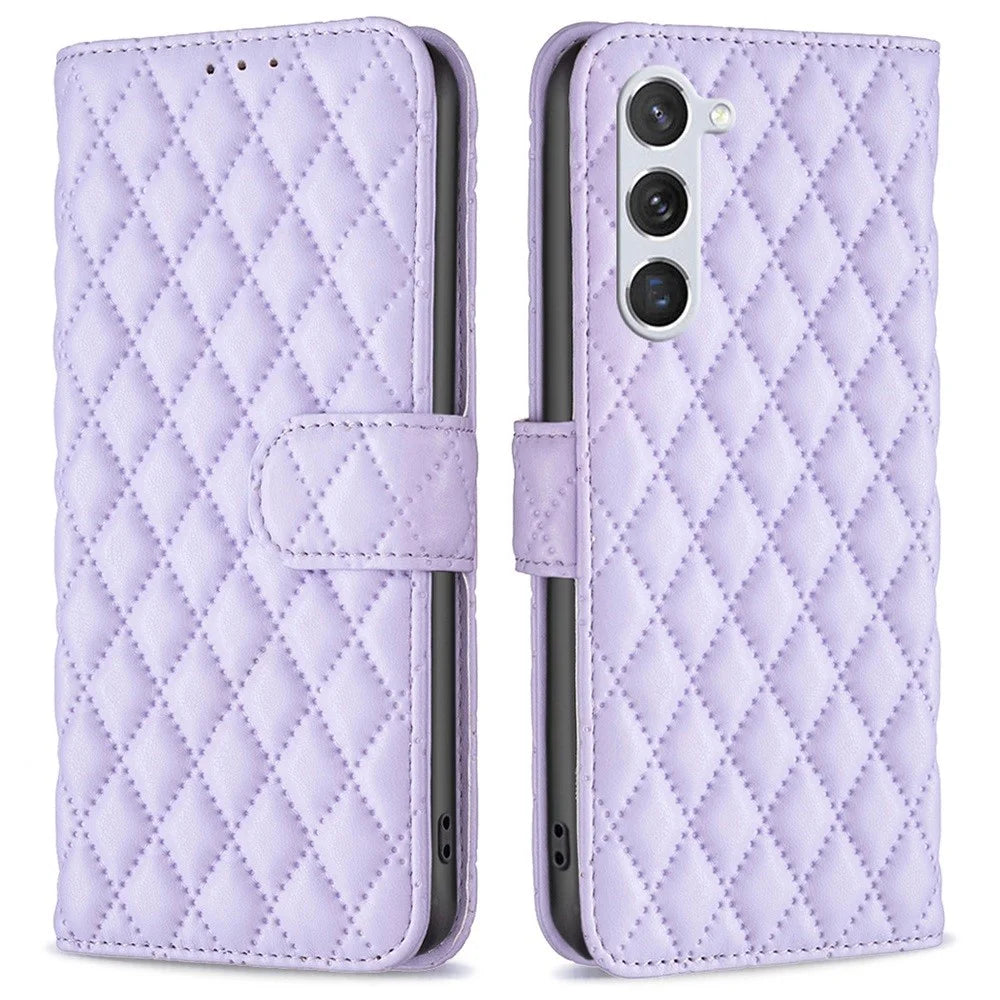 BINFEN COLOR BF Style-14 for Samsung Galaxy S23 Imprinted Rhombus Pattern PU Leather Phone Case Magnetic Closure Flip Stand Wallet Cover - Purple - 1