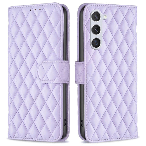 BINFEN COLOR BF Style-14 for Samsung Galaxy S23 Imprinted Rhombus Pattern PU Leather Phone Case Magnetic Closure Flip Stand Wallet Cover - Purple - 1