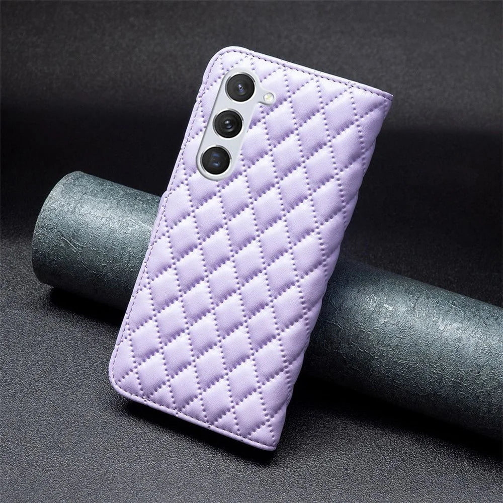 BINFEN COLOR BF Style-14 for Samsung Galaxy S23 Imprinted Rhombus Pattern PU Leather Phone Case Magnetic Closure Flip Stand Wallet Cover - Purple - 5