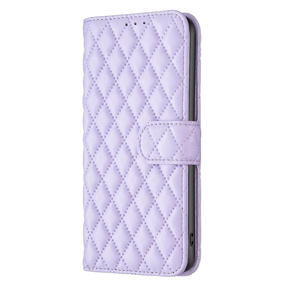 BINFEN COLOR BF Style-14 for Samsung Galaxy S23 Imprinted Rhombus Pattern PU Leather Phone Case Magnetic Closure Flip Stand Wallet Cover - Purple - 6
