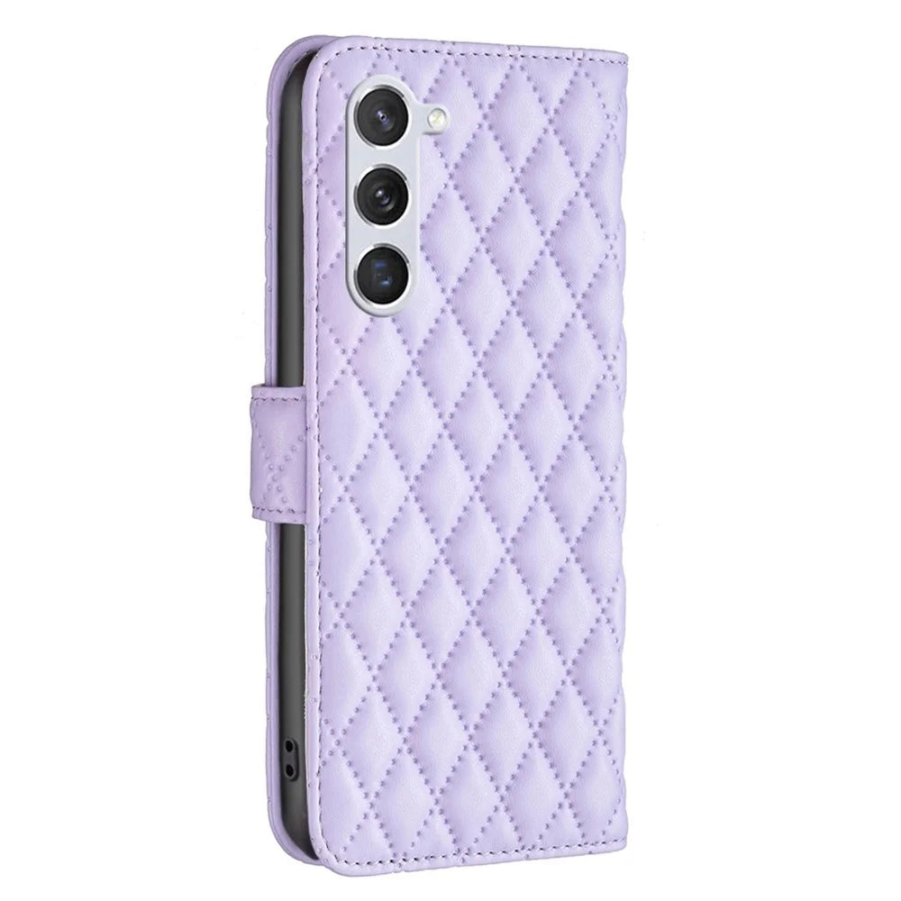 BINFEN COLOR BF Style-14 for Samsung Galaxy S23 Imprinted Rhombus Pattern PU Leather Phone Case Magnetic Closure Flip Stand Wallet Cover - Purple - 7
