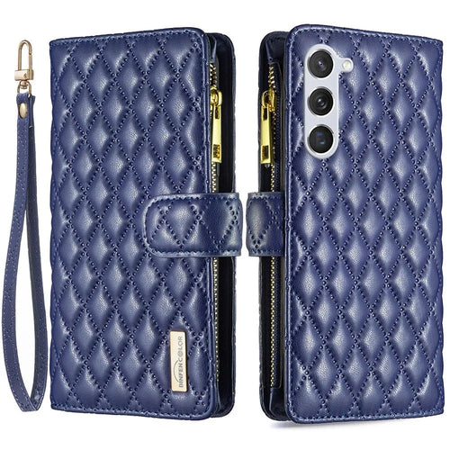 BINFEN COLOR BF Style-15 Zipper Wallet Case for Samsung Galaxy S23, Imprinted Rhombus Pattern PU Leather Stand Magnetic Phone Cover with Strap - Blue - 1