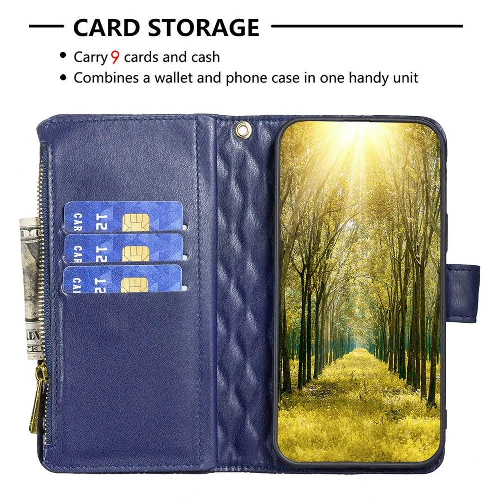 BINFEN COLOR BF Style-15 Zipper Wallet Case for Samsung Galaxy S23, Imprinted Rhombus Pattern PU Leather Stand Magnetic Phone Cover with Strap - Blue - 3