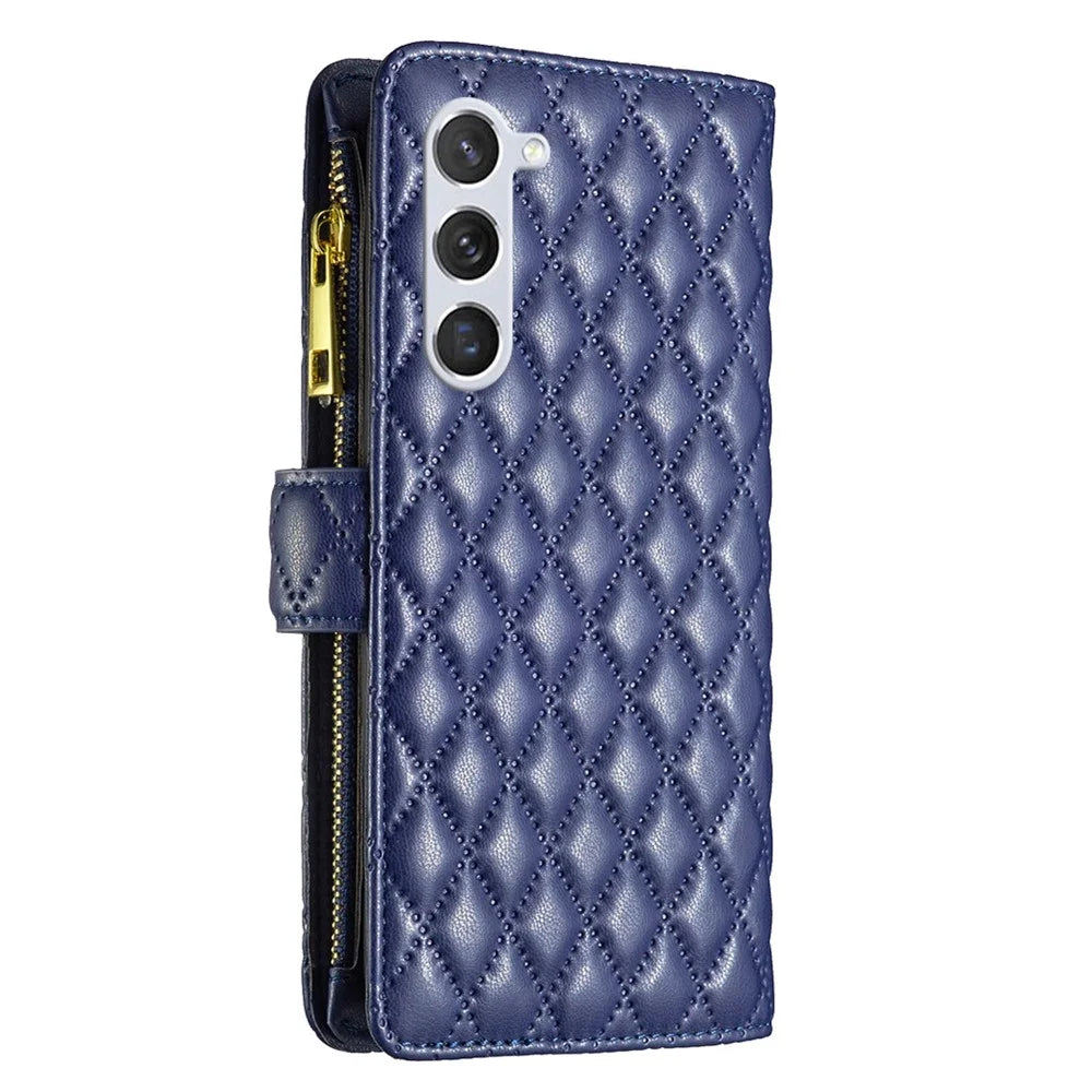 BINFEN COLOR BF Style-15 Zipper Wallet Case for Samsung Galaxy S23, Imprinted Rhombus Pattern PU Leather Stand Magnetic Phone Cover with Strap - Blue - 7