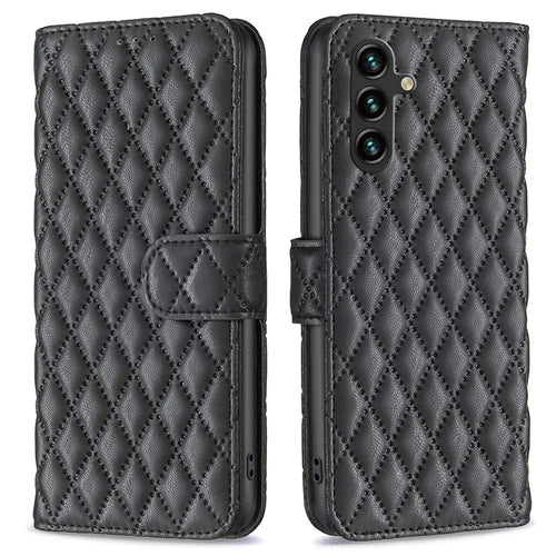 BINFEN COLOR BF Style-14 for Samsung Galaxy A14 5G / A14 4G Phone Wallet Case Rhombus Pattern PU Leather Flip Stand Cover - Black - 1