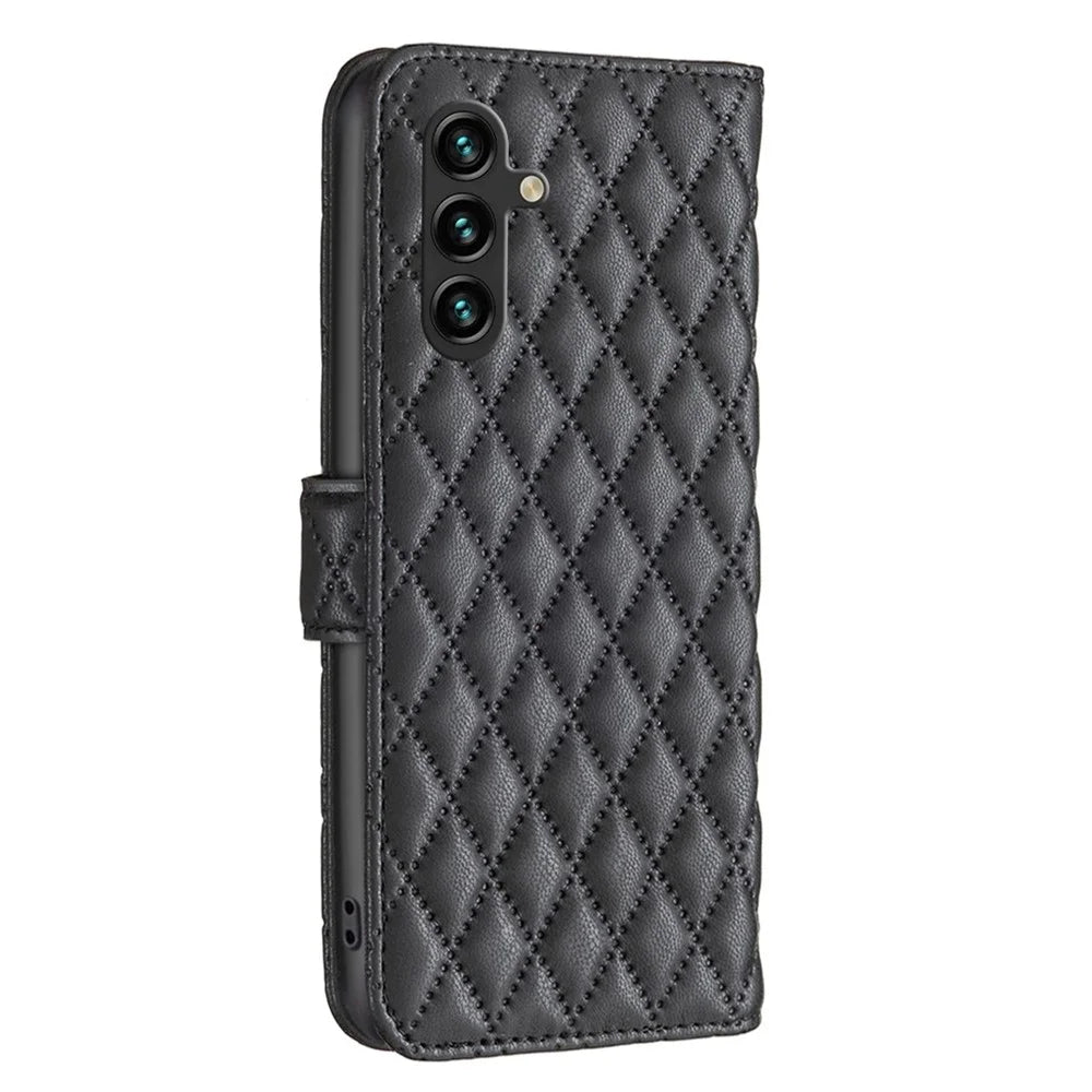 BINFEN COLOR BF Style-14 for Samsung Galaxy A14 5G / A14 4G Phone Wallet Case Rhombus Pattern PU Leather Flip Stand Cover - Black - 6