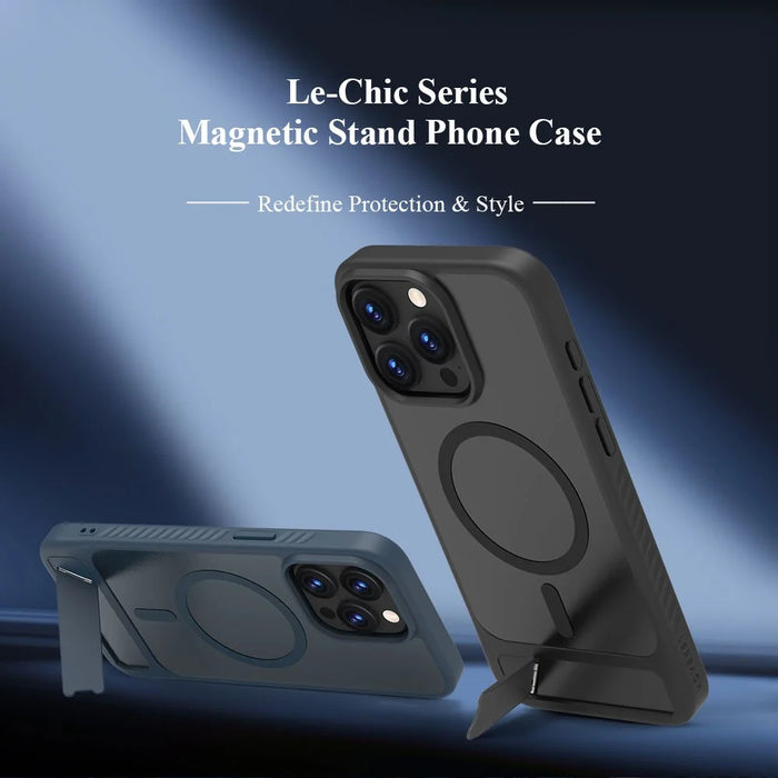 LEREACH Le-Chic Series For iPhone 15 Pro Case Compatible with MagSafe Kickstand TPU + PC Phone Cover - Blue - 5
