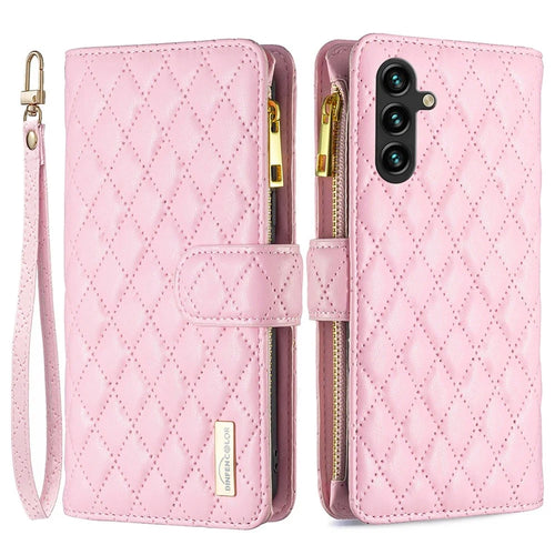 BINFEN COLOR BF Style-15 for Samsung Galaxy A14 5G / A14 4G PU Leather Wallet Case Imprinted Rhombus Pattern Phone Cover with Strap - Pink - 1