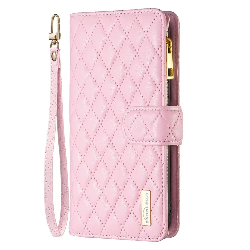 BINFEN COLOR BF Style-15 for Samsung Galaxy A14 5G / A14 4G PU Leather Wallet Case Imprinted Rhombus Pattern Phone Cover with Strap - Pink - 6