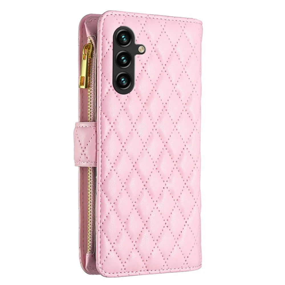 BINFEN COLOR BF Style-15 for Samsung Galaxy A14 5G / A14 4G PU Leather Wallet Case Imprinted Rhombus Pattern Phone Cover with Strap - Pink - 7