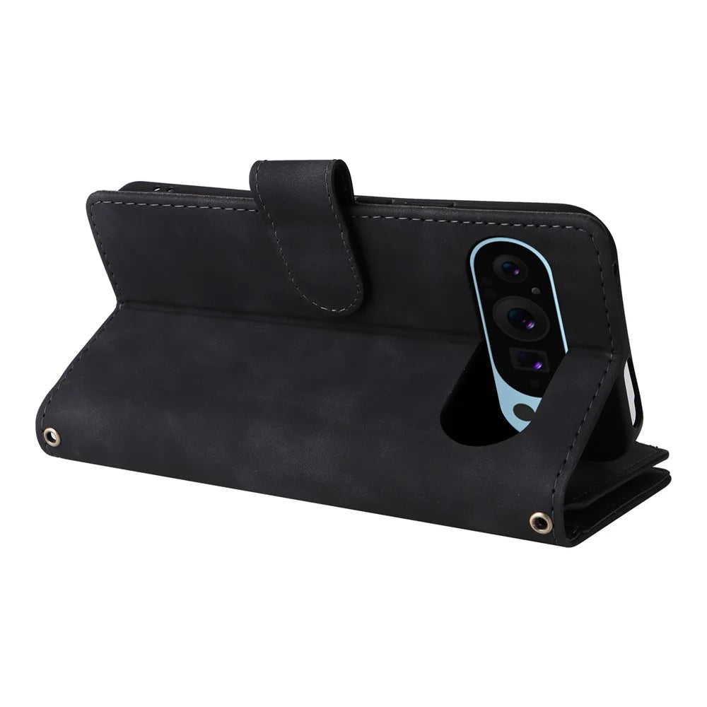 Phone Case For Google Pixel 10 / 10 Pro / 9 / 9 Pro , Zipper Wallet Multiple Card Slots Leather Cover with Wrist Strap - Black - 5