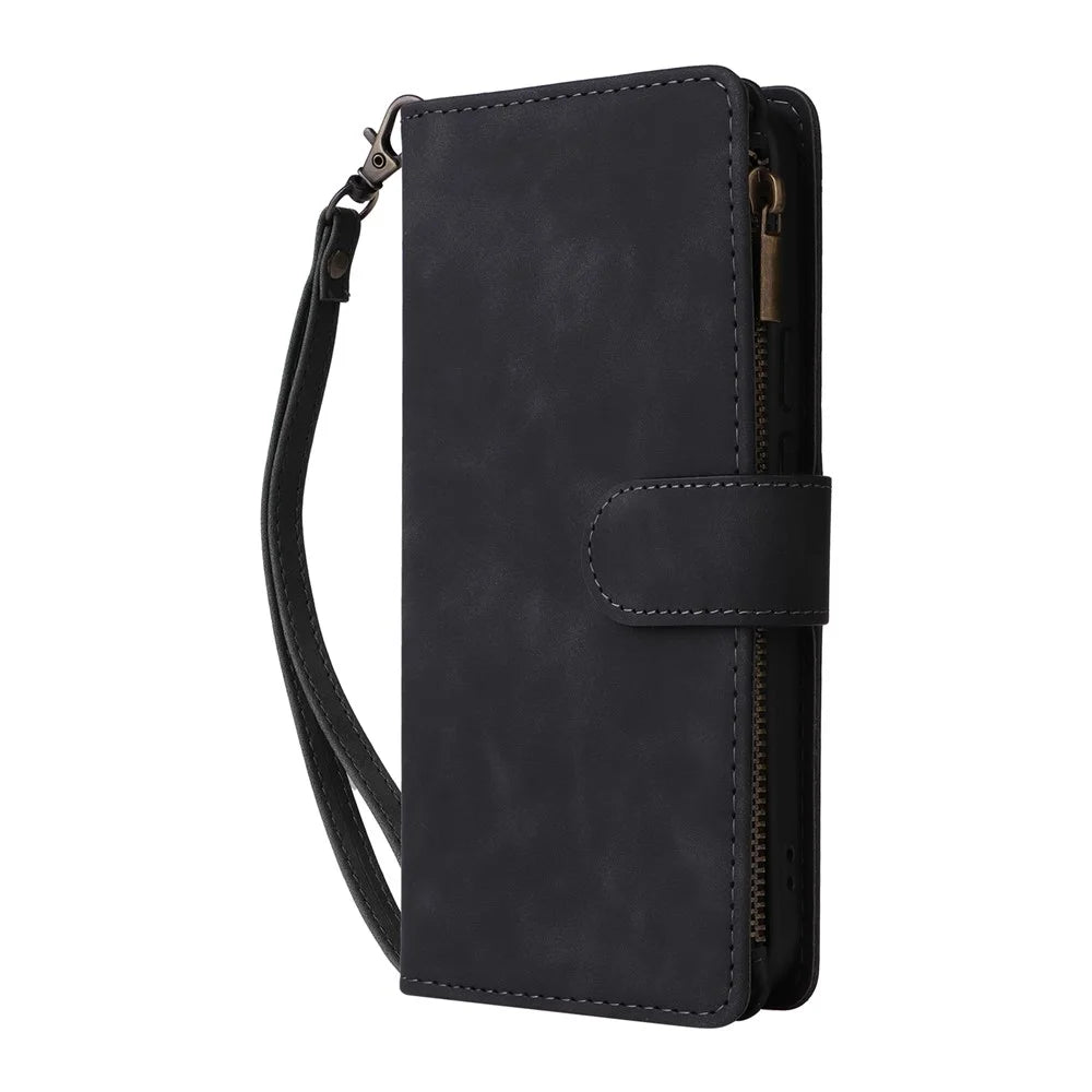 Phone Case For Google Pixel 10 / 10 Pro / 9 / 9 Pro , Zipper Wallet Multiple Card Slots Leather Cover with Wrist Strap - Black - 6