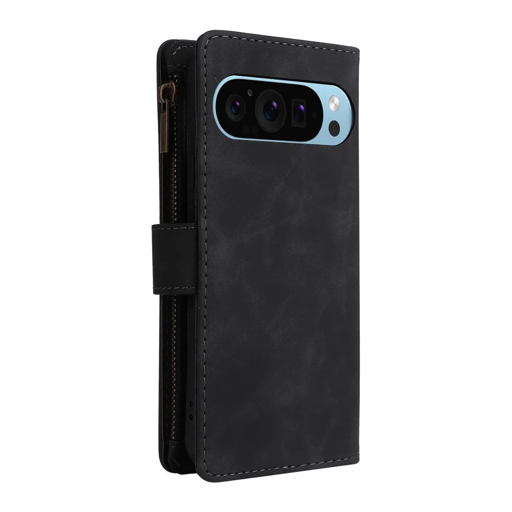 Phone Case For Google Pixel 10 / 10 Pro / 9 / 9 Pro , Zipper Wallet Multiple Card Slots Leather Cover with Wrist Strap - Black - 7