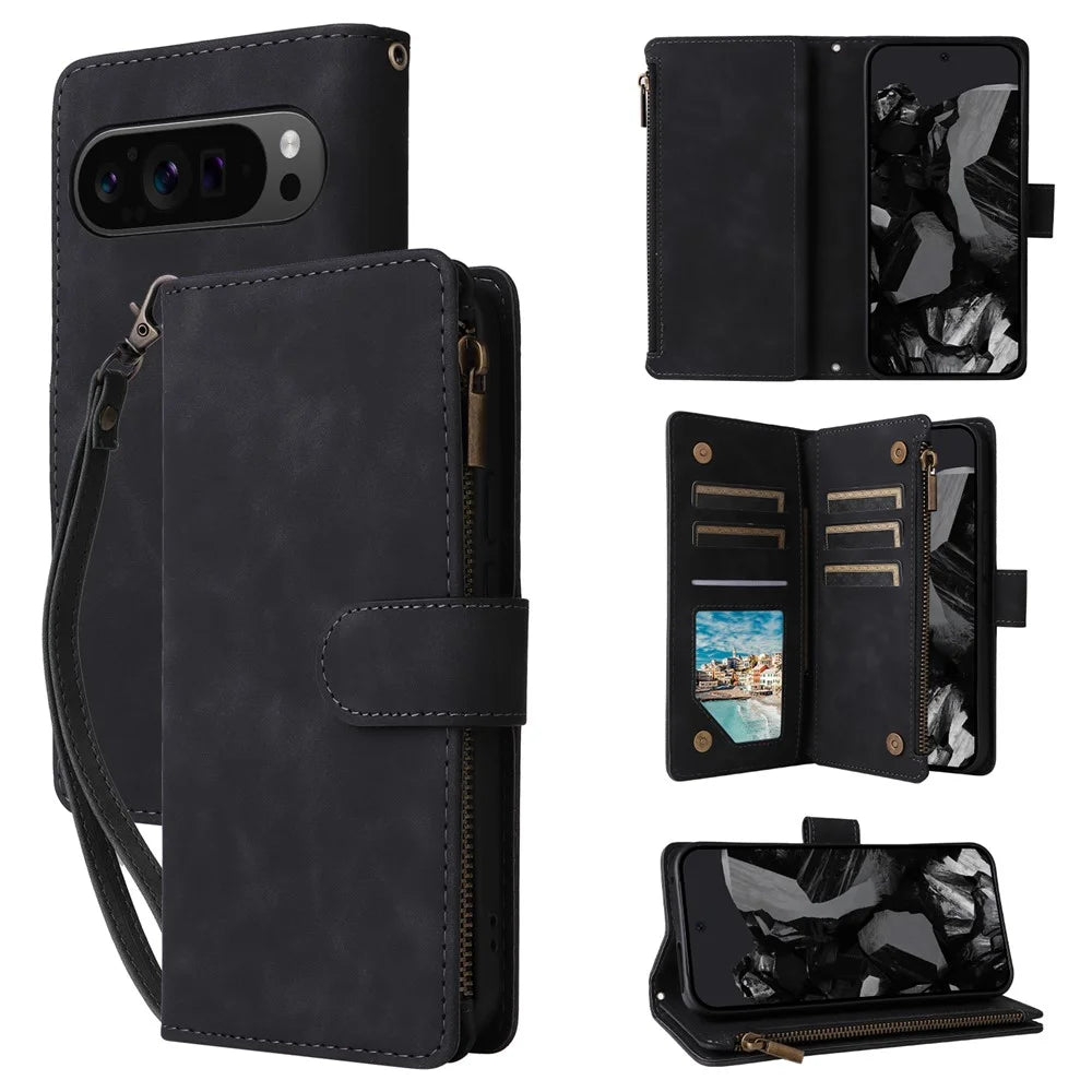 For Google Pixel 10 Pro XL / 9 Pro XL Case Zipper Wallet Multiple Card Slots Leather Phone Cover with Wrist Strap - Black - 1
