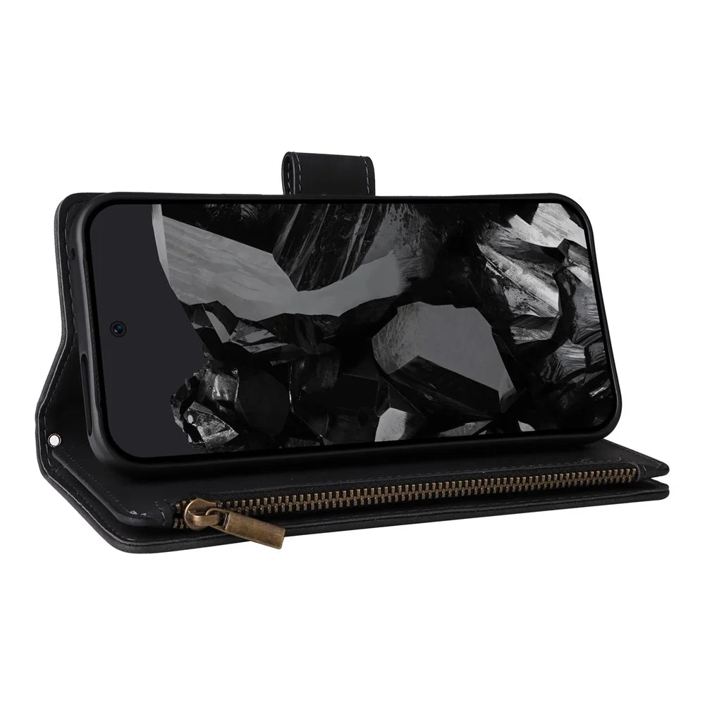 For Google Pixel 10 Pro XL / 9 Pro XL Case Zipper Wallet Multiple Card Slots Leather Phone Cover with Wrist Strap - Black - 4